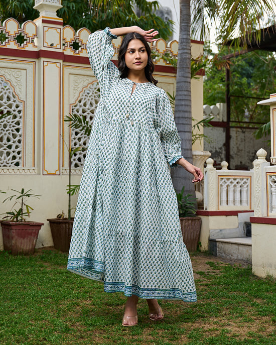 Beige Geometric Hand Block Print Cotton Maxi Dress – V-Neck Boho Style