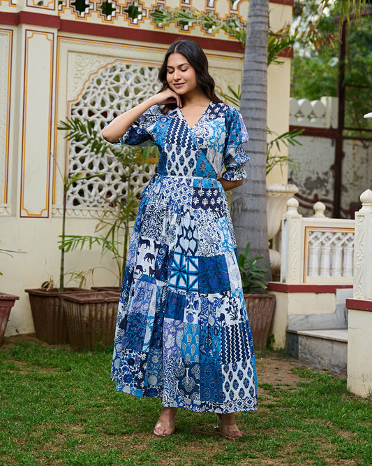 Boho Patchwork Cotton Maxi Dress Handcrafted Wrap Dress with 3/4 Sleeves