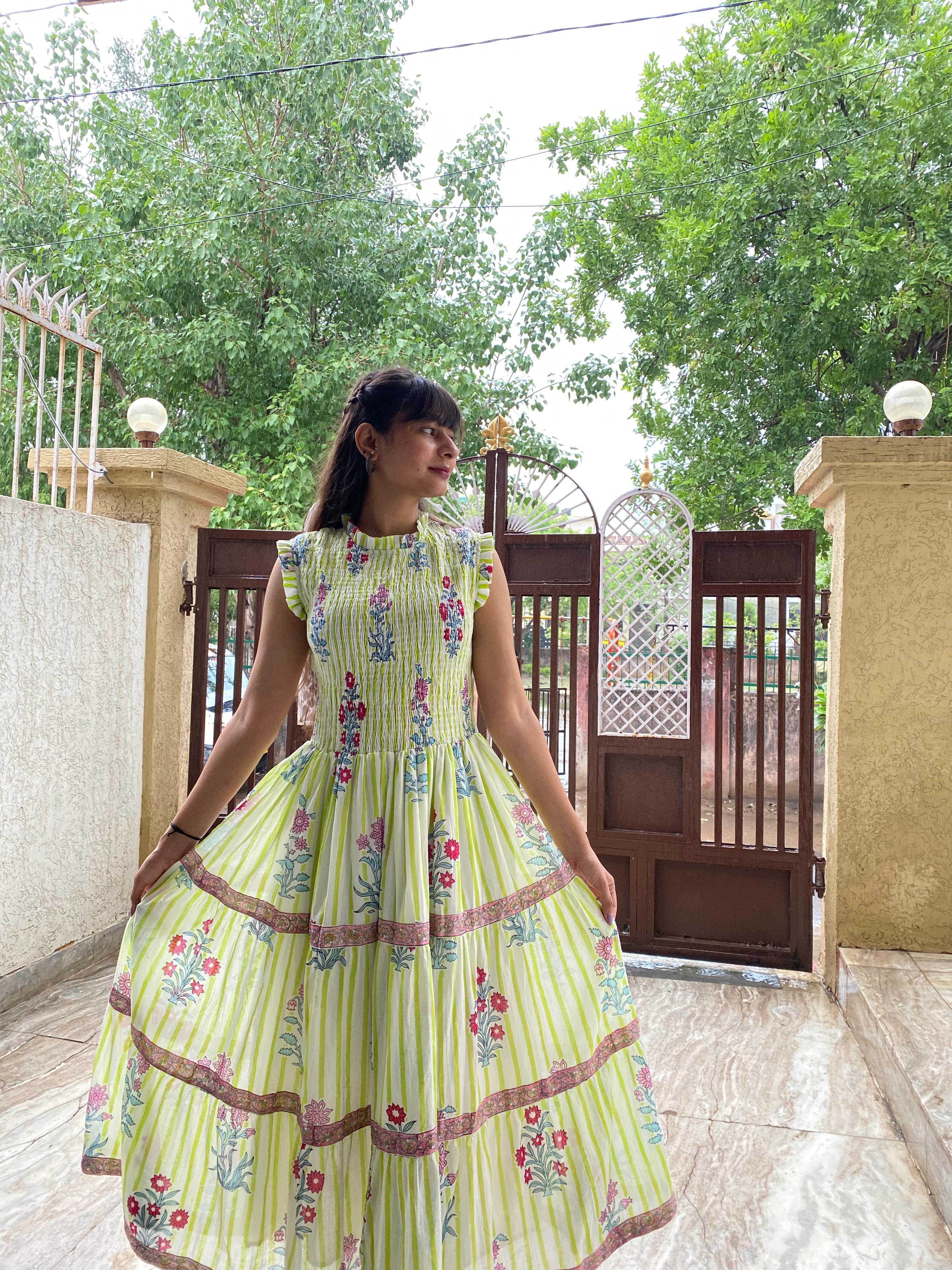 Floral Hand Block Print Neo Green Cotton Maxi Dress Sleeveless Tiered Dress