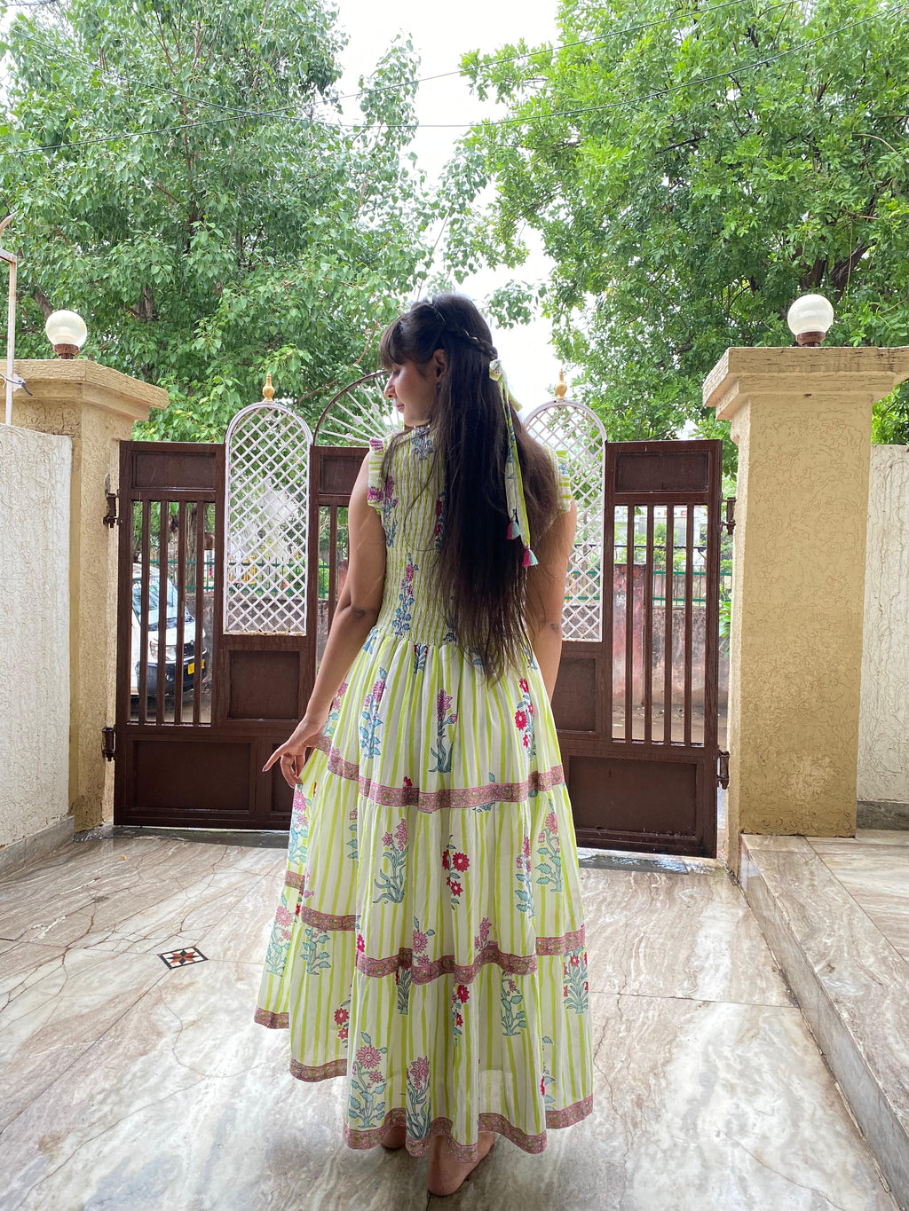 Floral Hand Block Print Neo Green Cotton Maxi Dress Sleeveless Tiered Dress