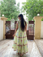 Floral Hand Block Print Neo Green Cotton Maxi Dress Sleeveless Tiered Dress