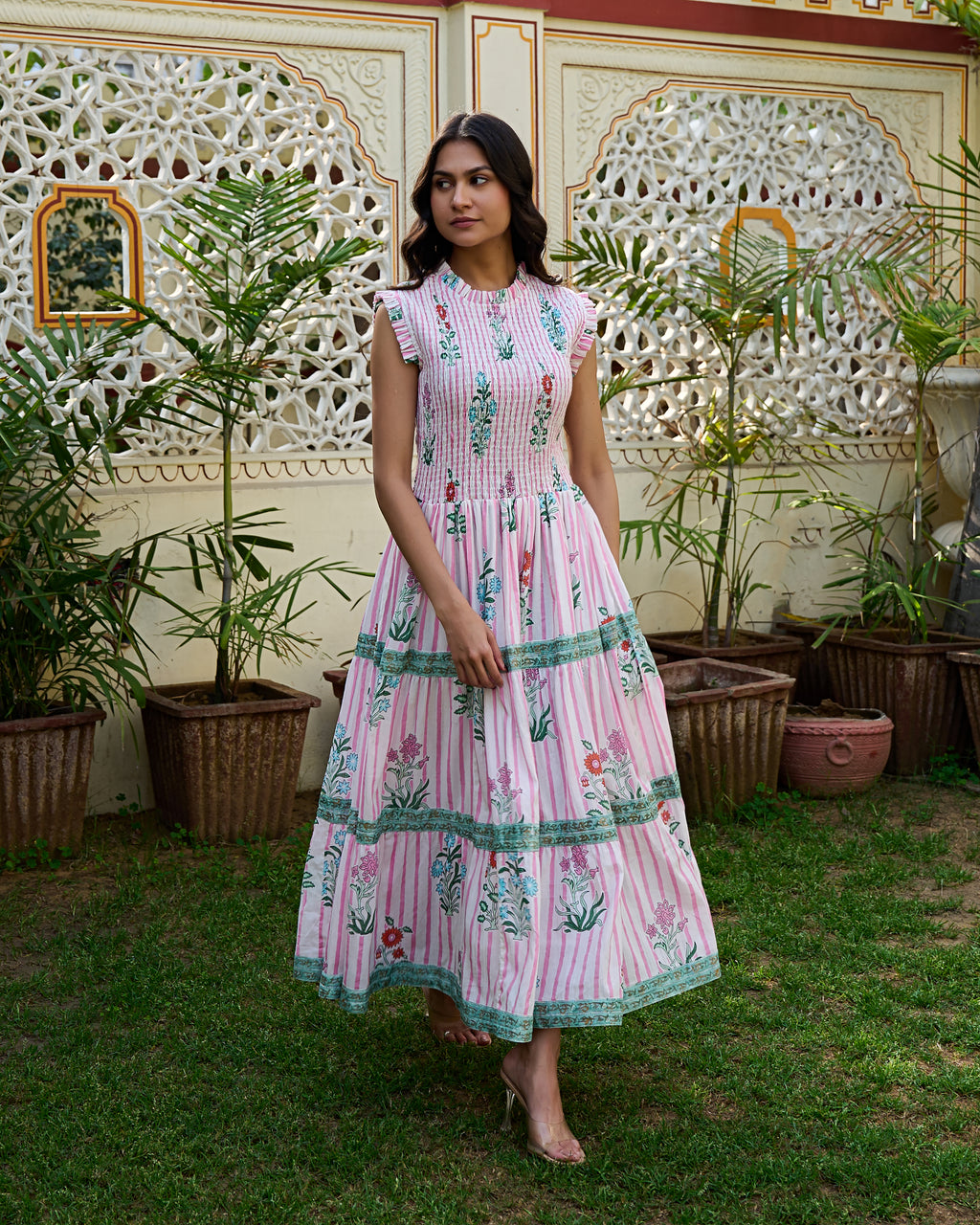 Floral Hand Block Print Cotton Maxi Dress