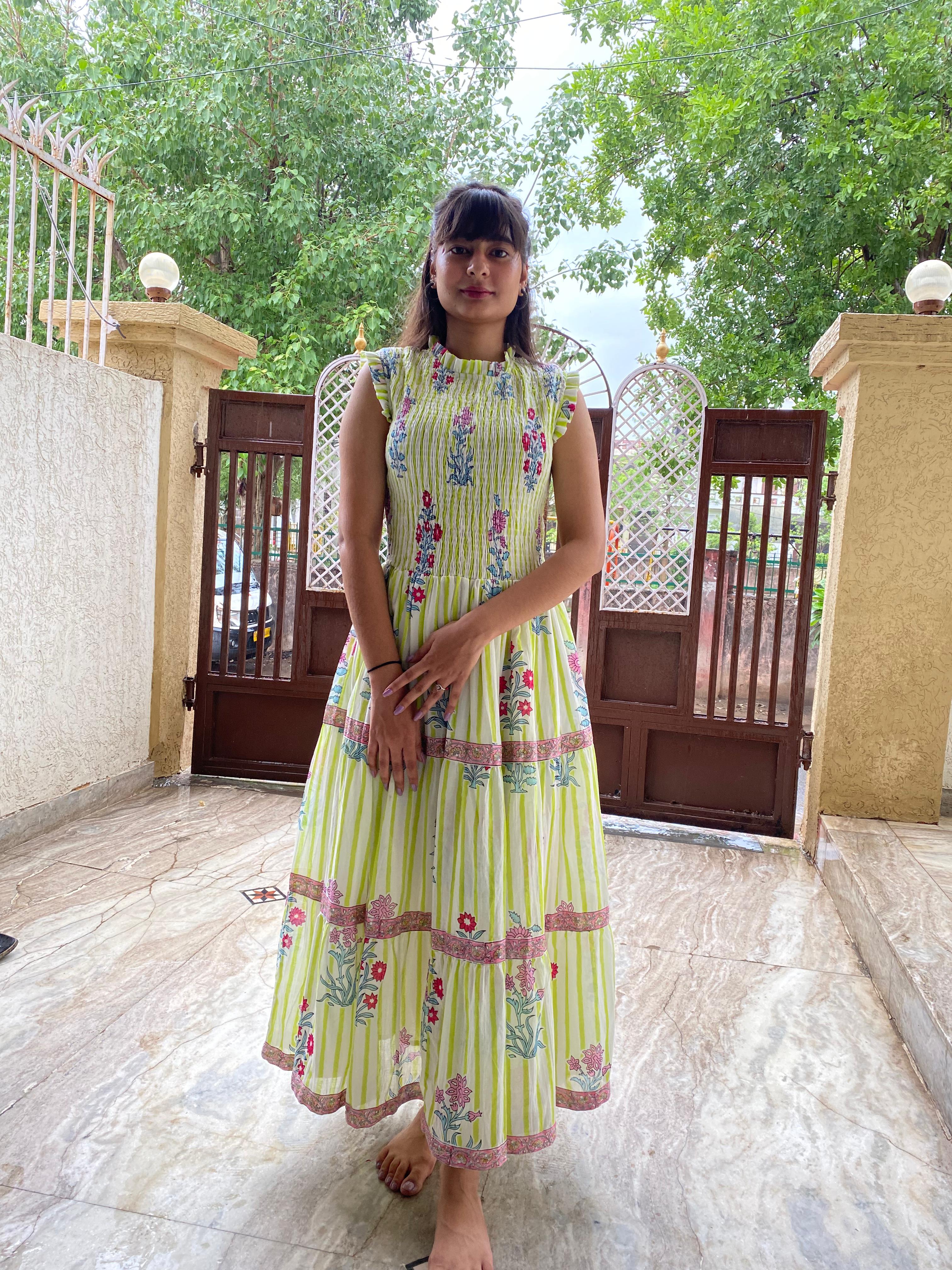 Floral Hand Block Print Neo Green Cotton Maxi Dress Tiered Dress thejaipurart.com Floral Hand Block Print Neo Green Cotton Maxi Dress Tiered Dress thejaipurart.com