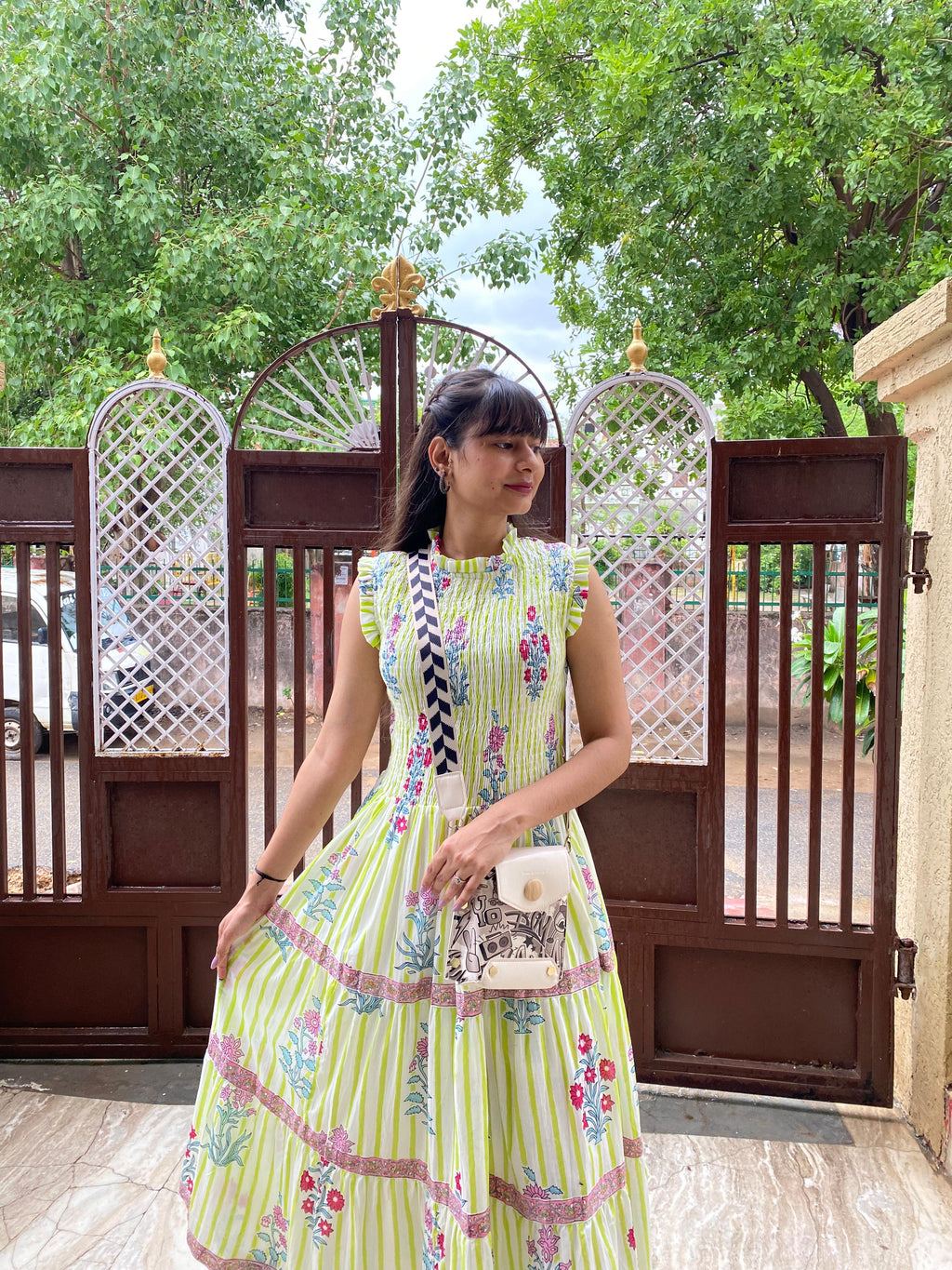 Floral Hand Block Print Neo Green Cotton Maxi Dress Sleeveless Tiered Dress