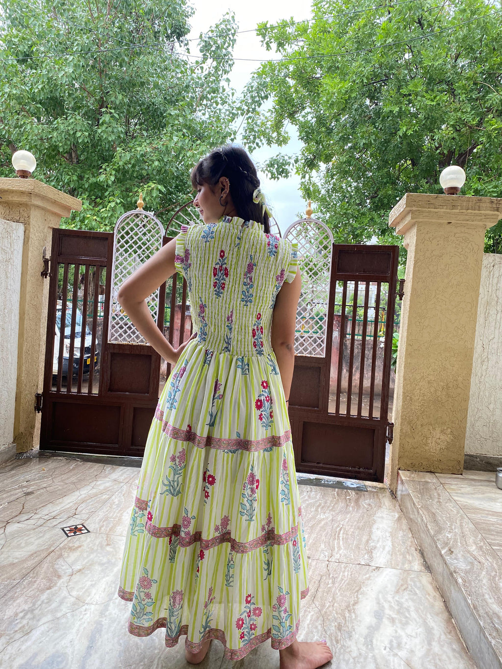 Floral Hand Block Print Neo Green Cotton Maxi Dress Sleeveless Tiered Dress