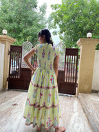 Floral Hand Block Print Neo Green Cotton Maxi Dress Sleeveless Tiered Dress