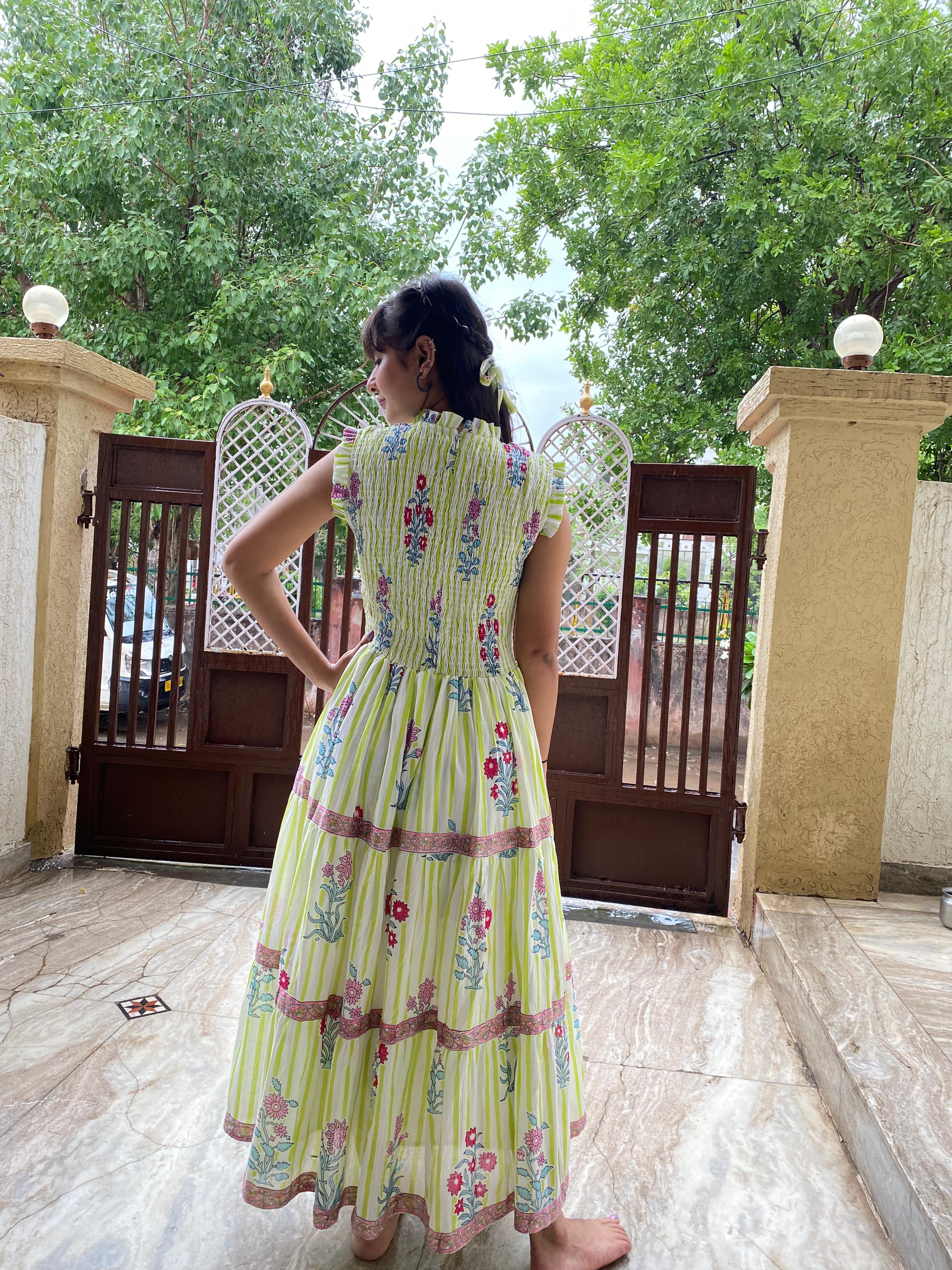 Floral Hand Block Print Neo Green Cotton Maxi Dress Sleeveless Tiered Dress