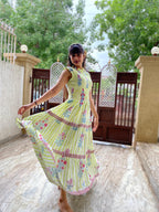 Floral Hand Block Print Neo Green Cotton Maxi Dress Sleeveless Tiered Dress