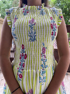 Floral Hand Block Print Neo Green Cotton Maxi Dress Sleeveless Tiered Dress