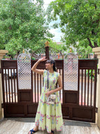 Floral Hand Block Print Neo Green Cotton Maxi Dress Sleeveless Tiered Dress