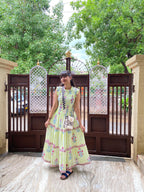 Floral Hand Block Print Neo Green Cotton Maxi Dress Sleeveless Tiered Dress