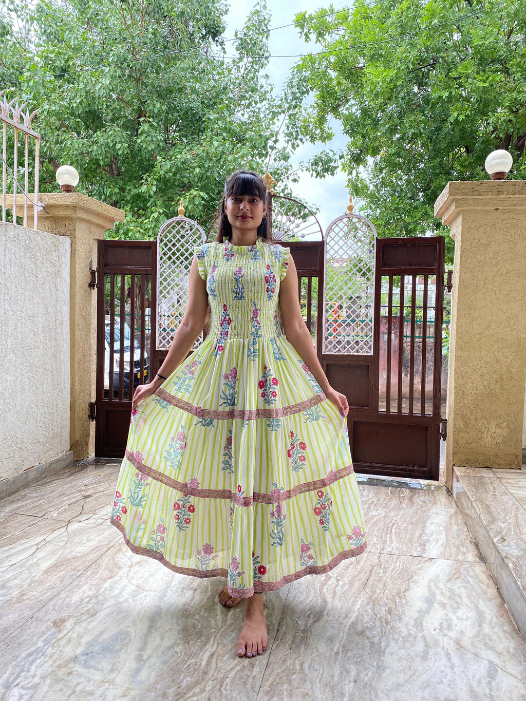 Floral Hand Block Print Neo Green Cotton Maxi Dress Sleeveless Tiered Dress