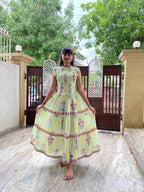 Floral Hand Block Print Neo Green Cotton Maxi Dress Sleeveless Tiered Dress