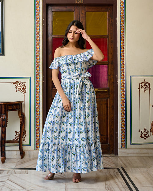 off the shoulder mixed print maxi dress Off-Shoulder Hand Block Print Cotton Maxi Dress – thejaipurart.com