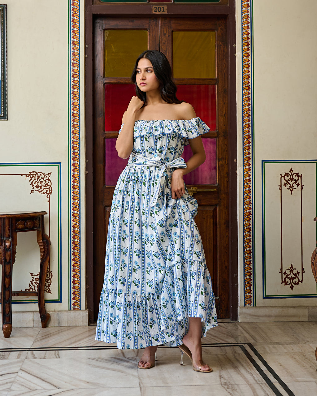 Off-Shoulder Hand Block Print Cotton Maxi Dress thejaipurart.com Off-Shoulder Hand Block Print Cotton Maxi Dress thejaipurart.com