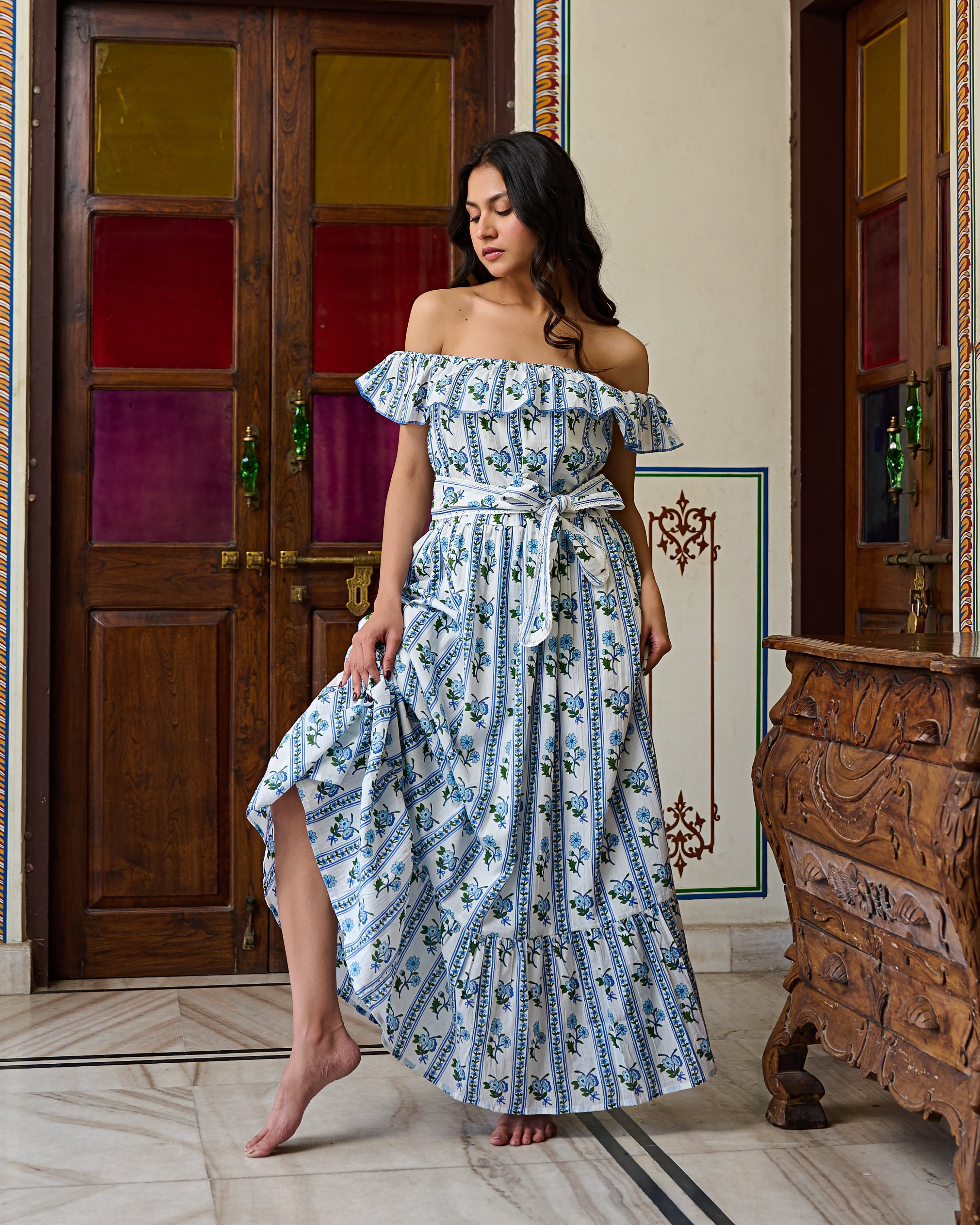 Off-Shoulder Hand Block Print Cotton Maxi Dress thejaipurart.com Off-Shoulder Hand Block Print Cotton Maxi Dress thejaipurart.com