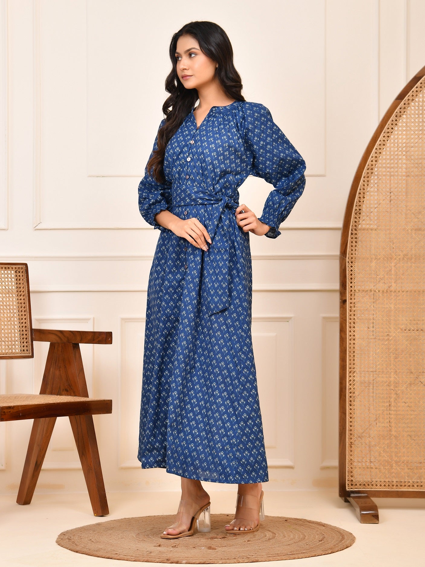 Indigo Hand Block Print Cotton Maxi Dress | Full Sleeve Button-Down with Tie-Up Belt| Indigo Maxi