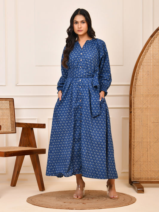Indigo Hand Block Print Cotton Maxi Dress | Full Sleeve Button-Down with Tie-Up Belt| Indigo Maxi