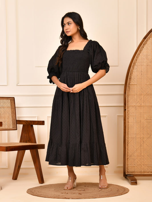 Black Cotton Dobby Midi Dress – Smocked Bodice & Puff Sleeves Cara Maxi