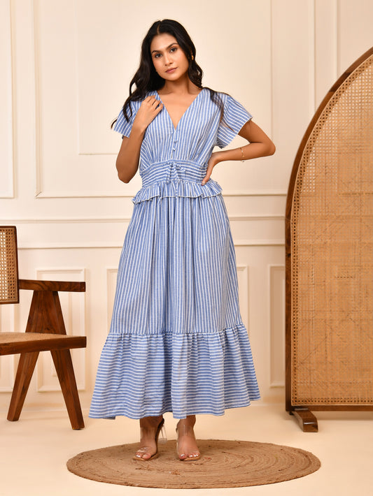 Blue & White Stripe Cotton Maxi Dress |  Smocked Waist V-Neck Tiered Dress
