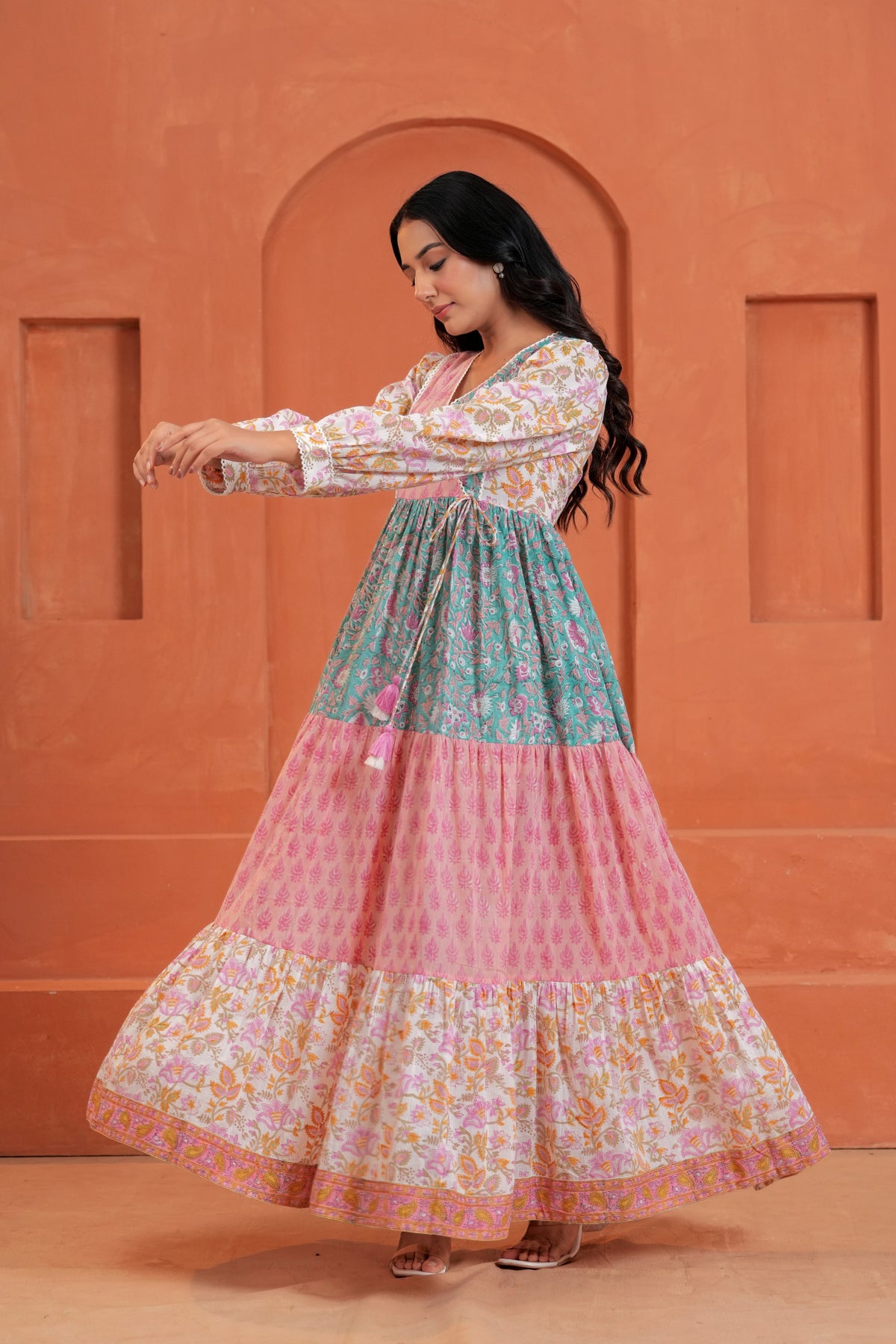 Aarvi Cotton Hand Block Print Patchwork Maxi Dress