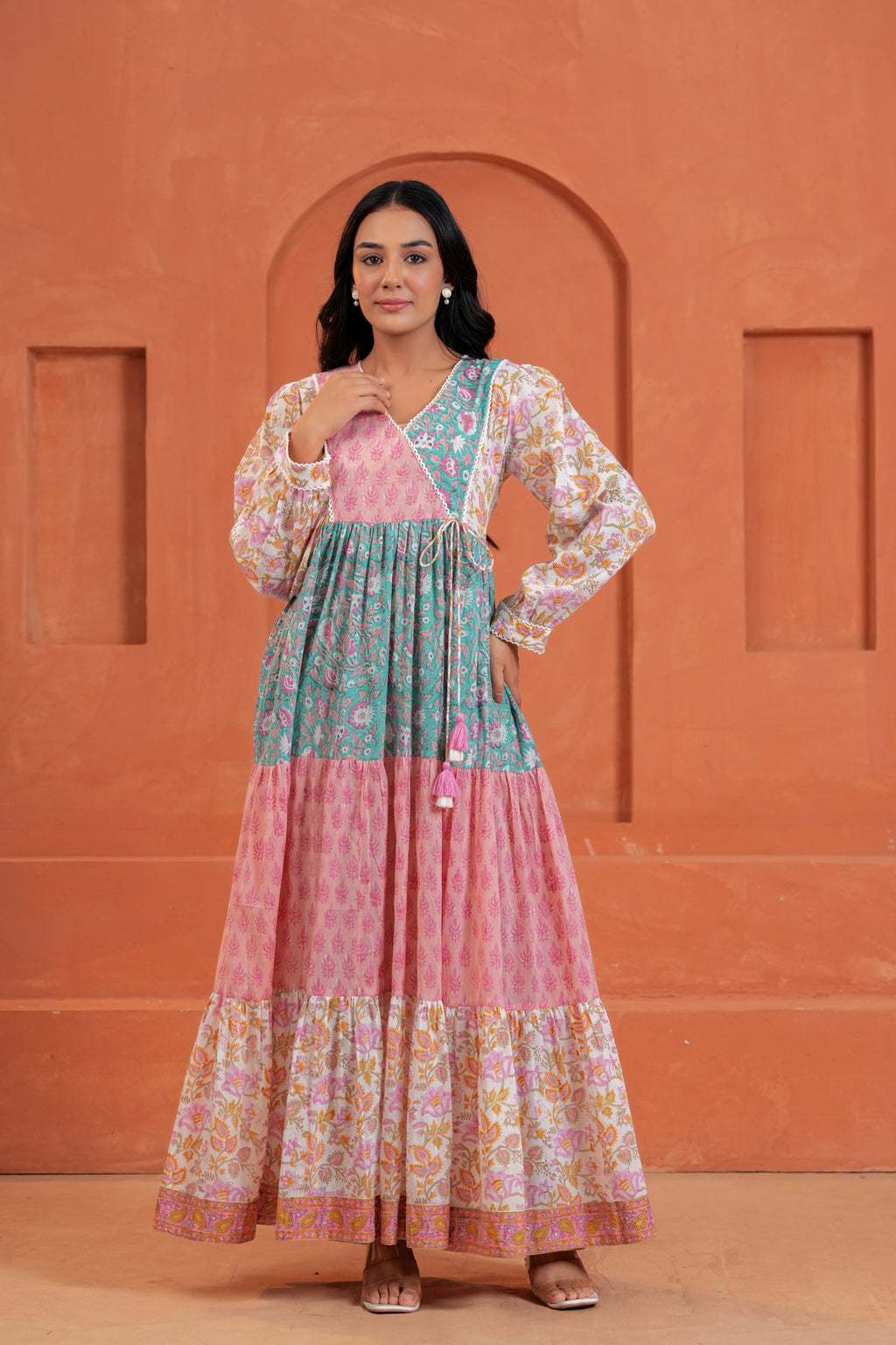 Aarvi Cotton Hand Block Print Patchwork Maxi Dress
