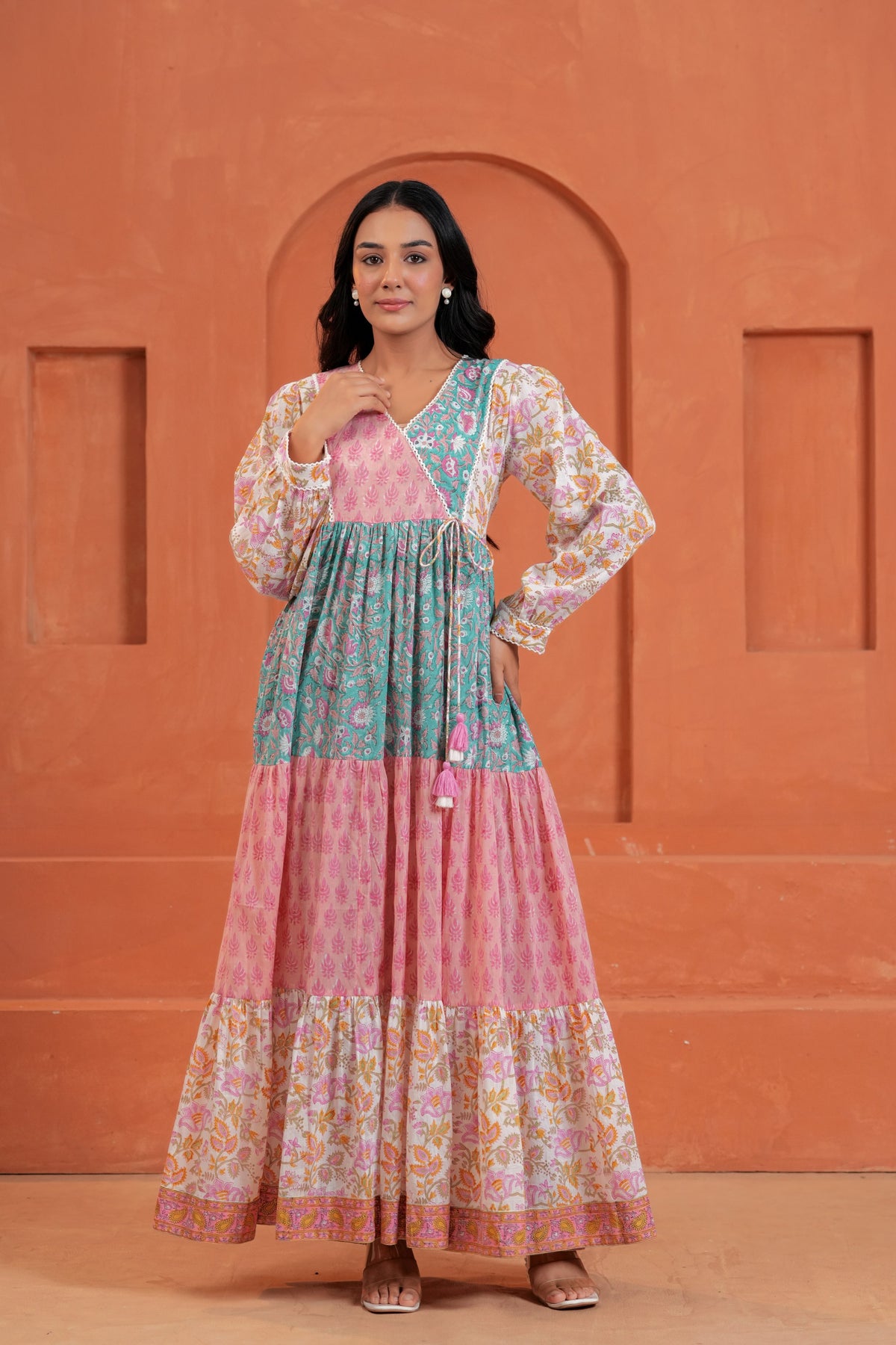 Aarvi Cotton Hand Block Print Patchwork Maxi Dress