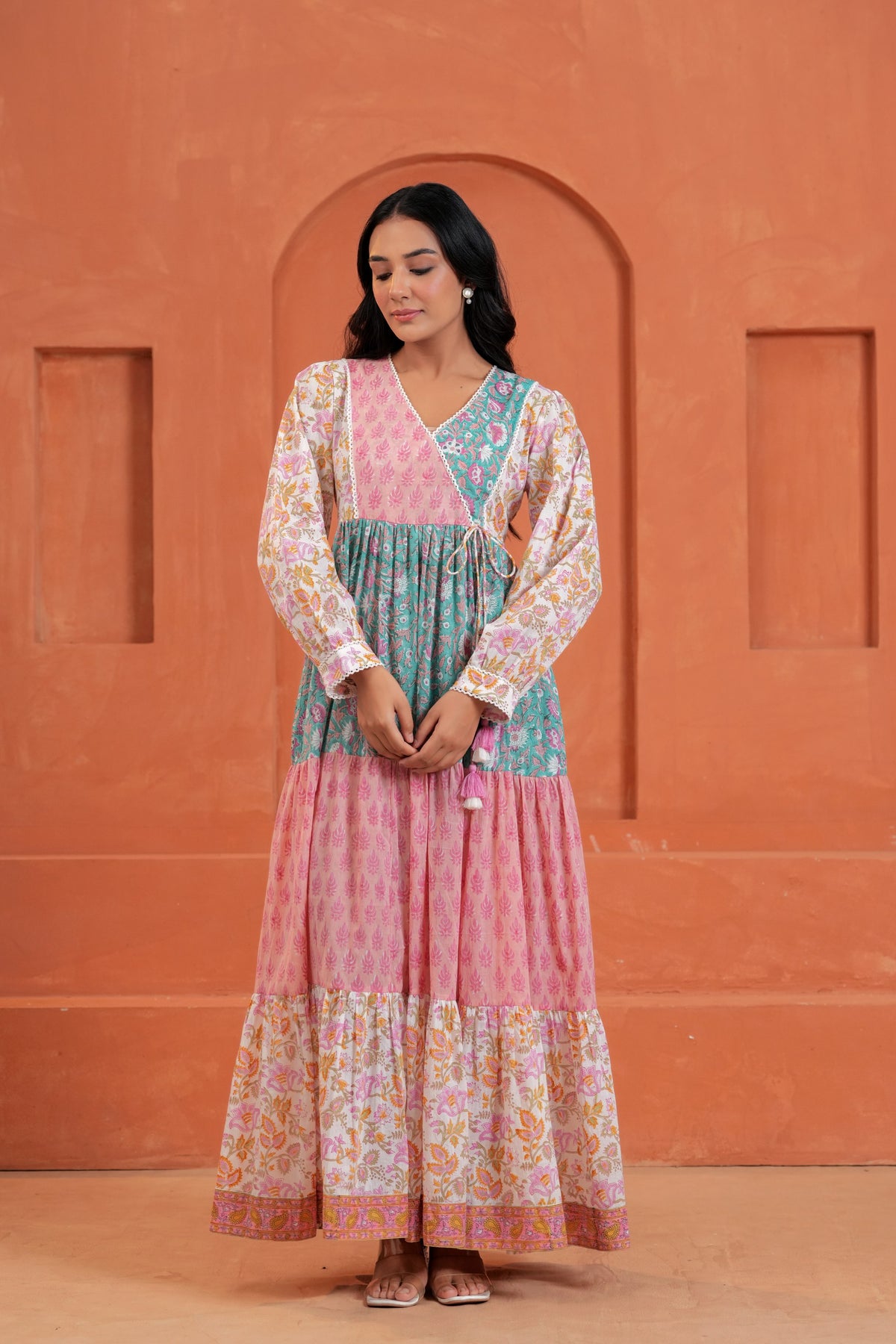 Aarvi Cotton Hand Block Print Patchwork Maxi Dress