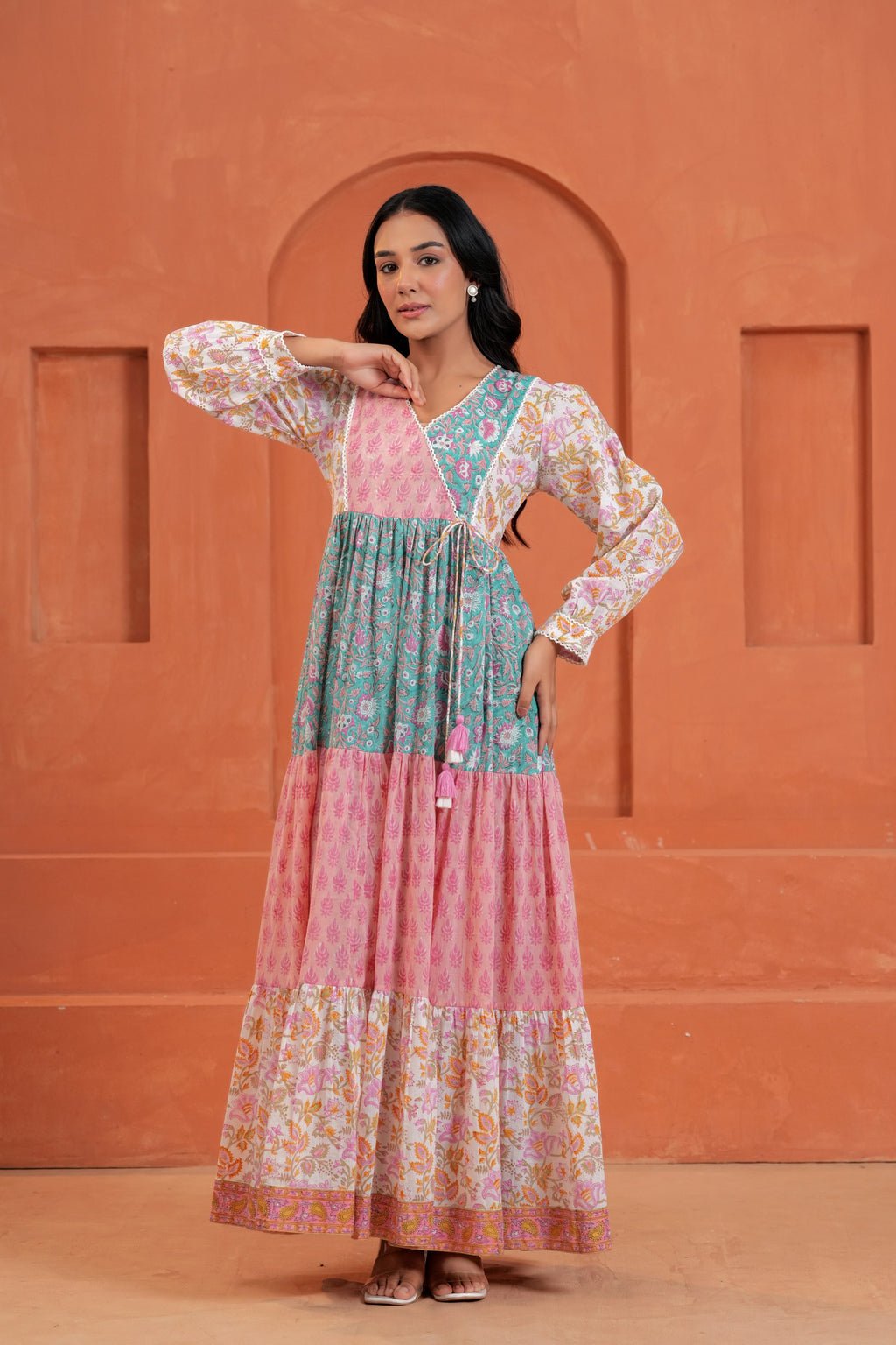 Aarvi Cotton Hand Block Print Patchwork Maxi Dress
