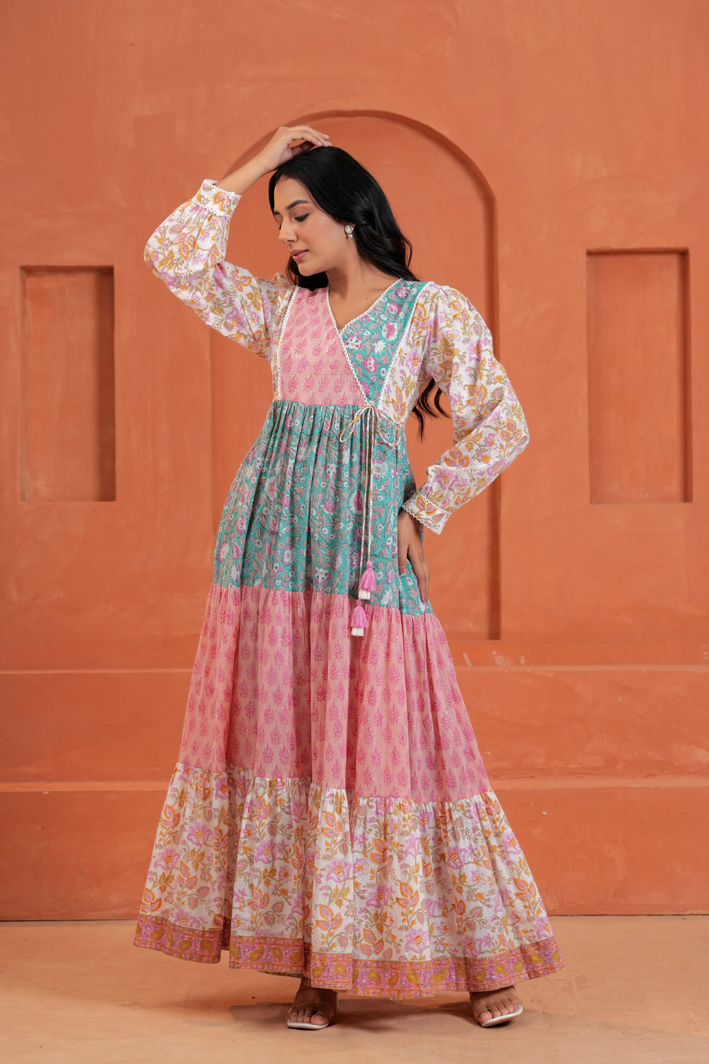 Aarvi Cotton Hand Block Print Patchwork Maxi Dress
