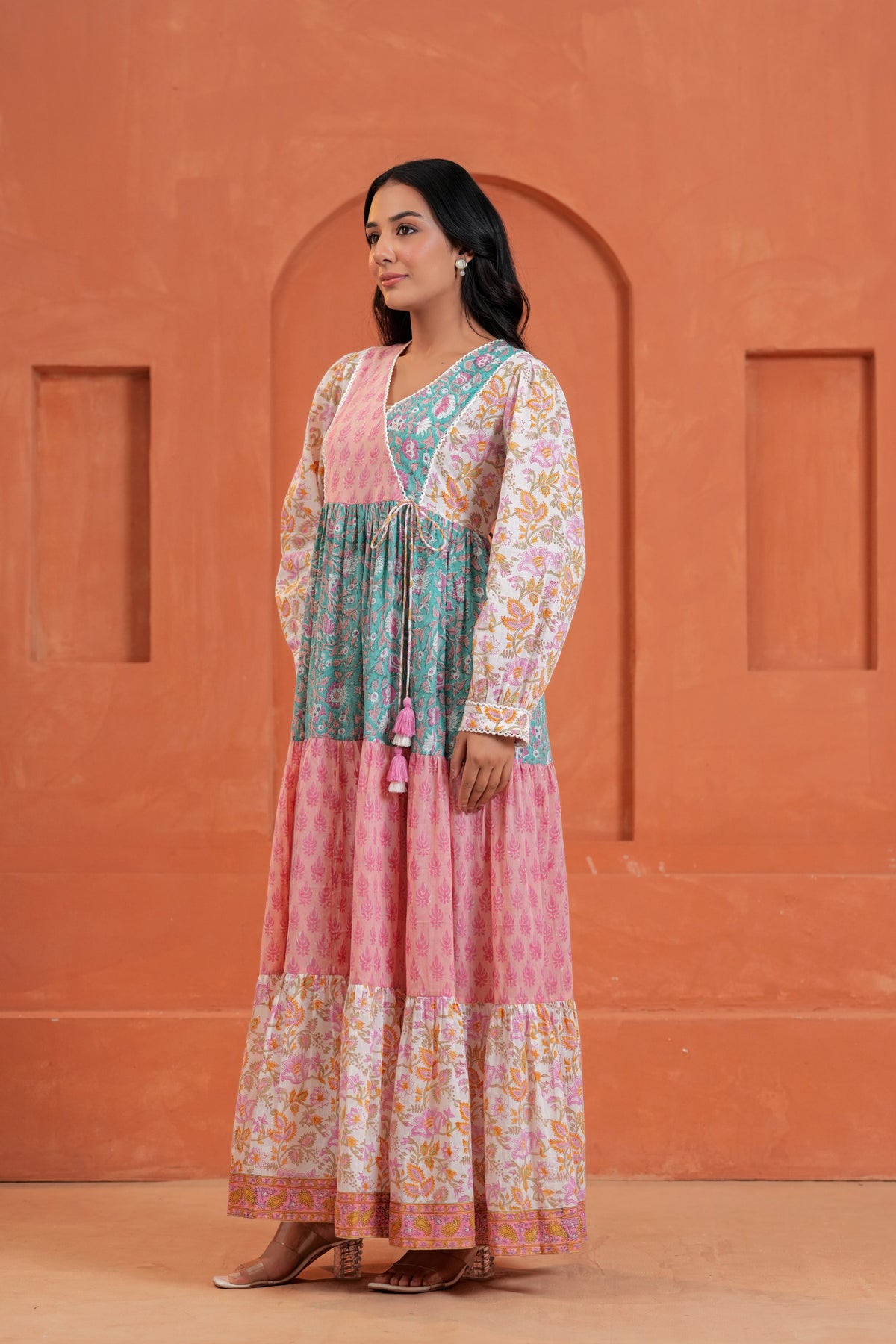 Aarvi Cotton Hand Block Print Patchwork Maxi Dress