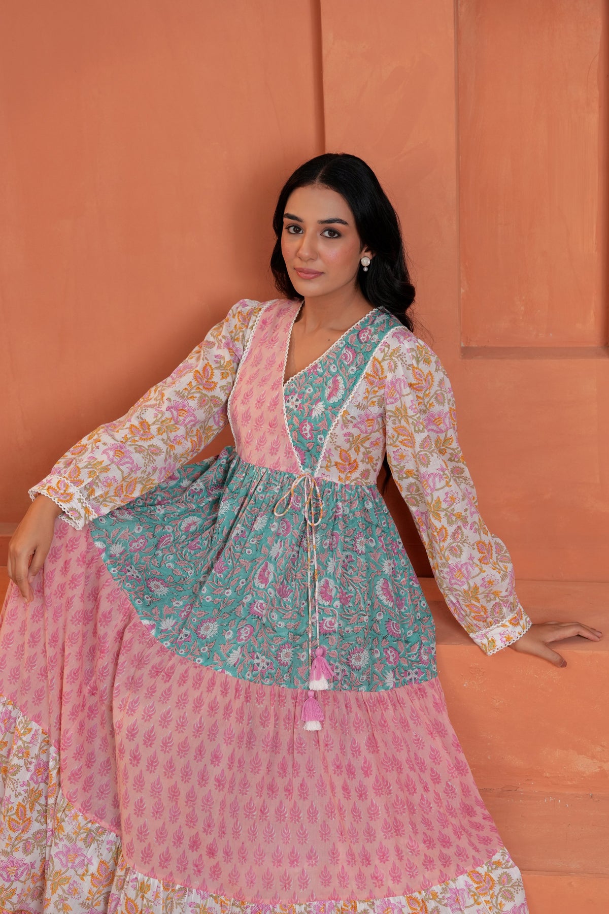 Aarvi Cotton Hand Block Print Patchwork Maxi Dress