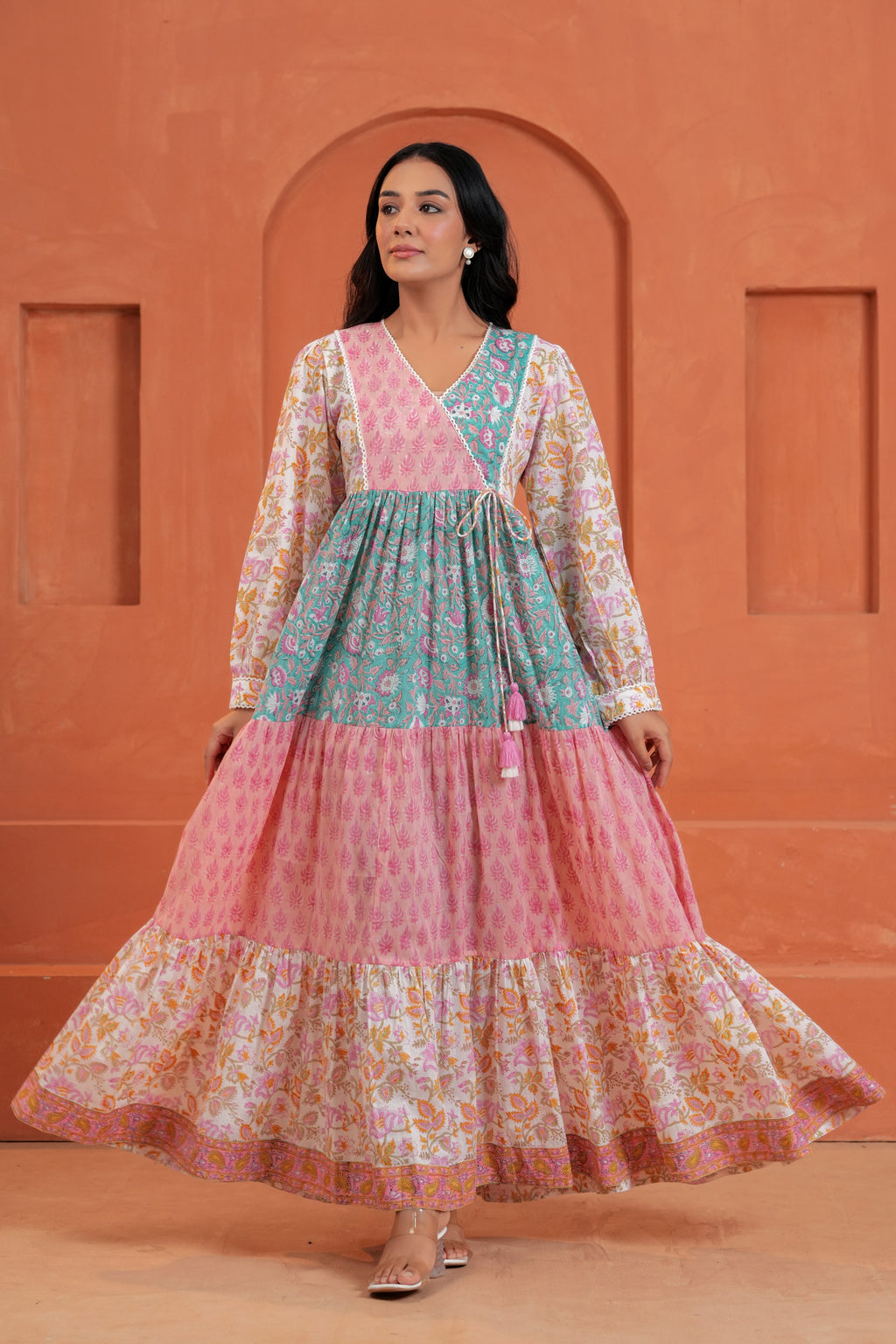 Aarvi Cotton Hand Block Print Patchwork Maxi Dress