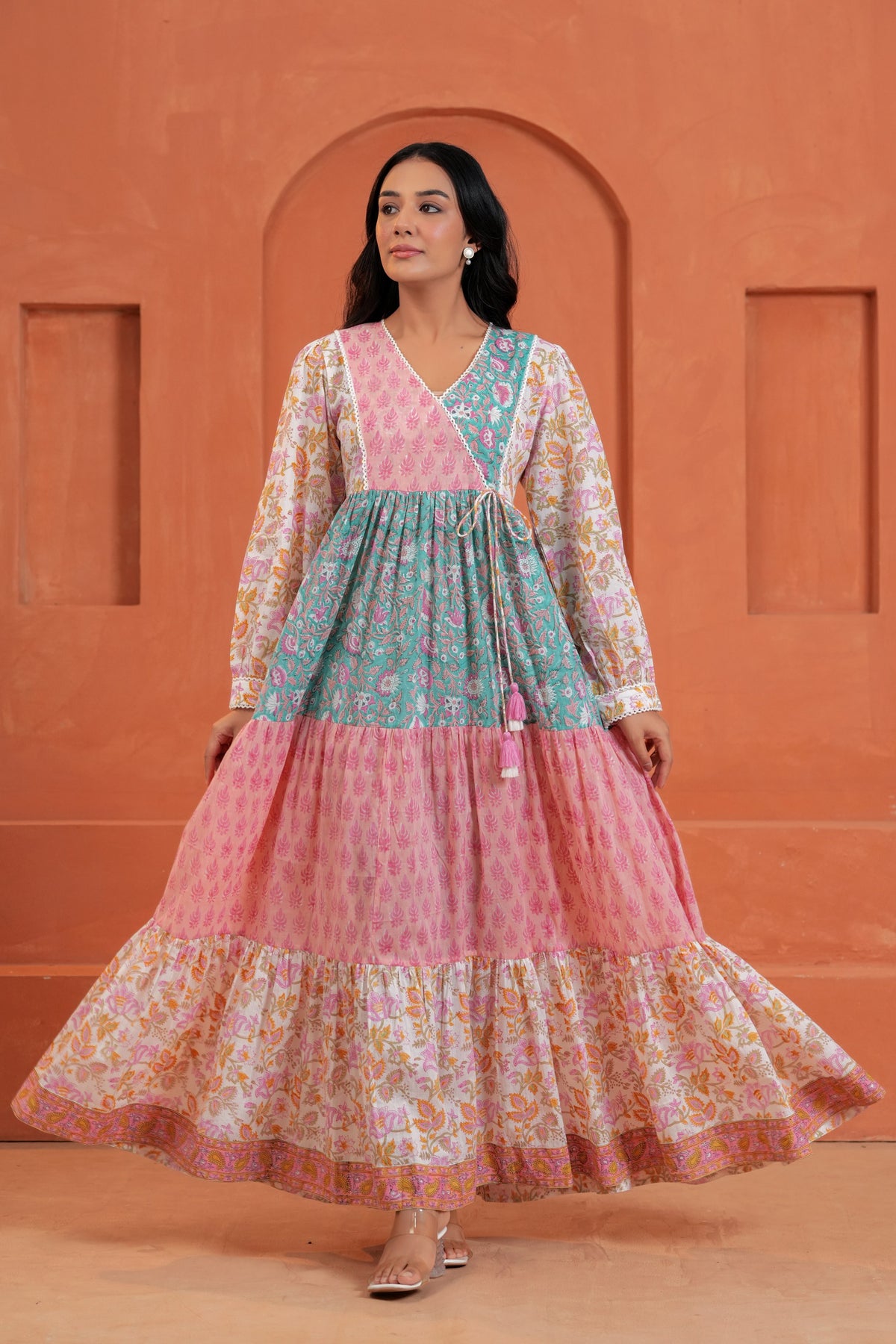 Aarvi Cotton Hand Block Print Patchwork Maxi Dress