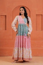 Aarvi Cotton Hand Block Print Patchwork Maxi Dress