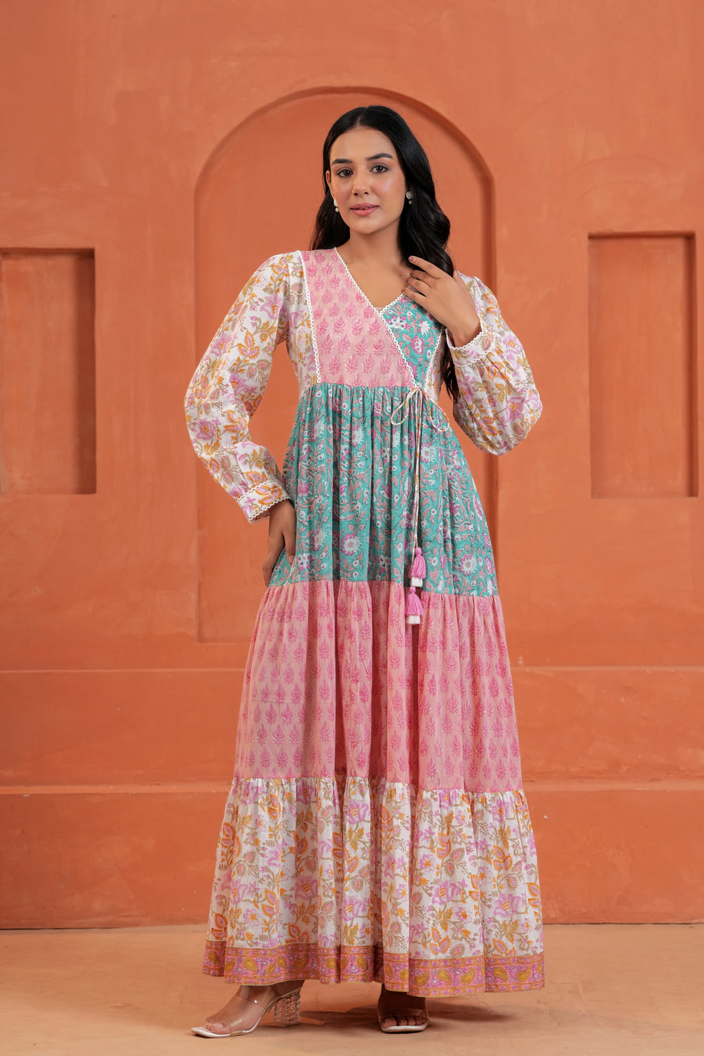 Aarvi Cotton Hand Block Print Patchwork Maxi Dress