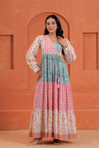 Aarvi Cotton Hand Block Print Patchwork Maxi Dress
