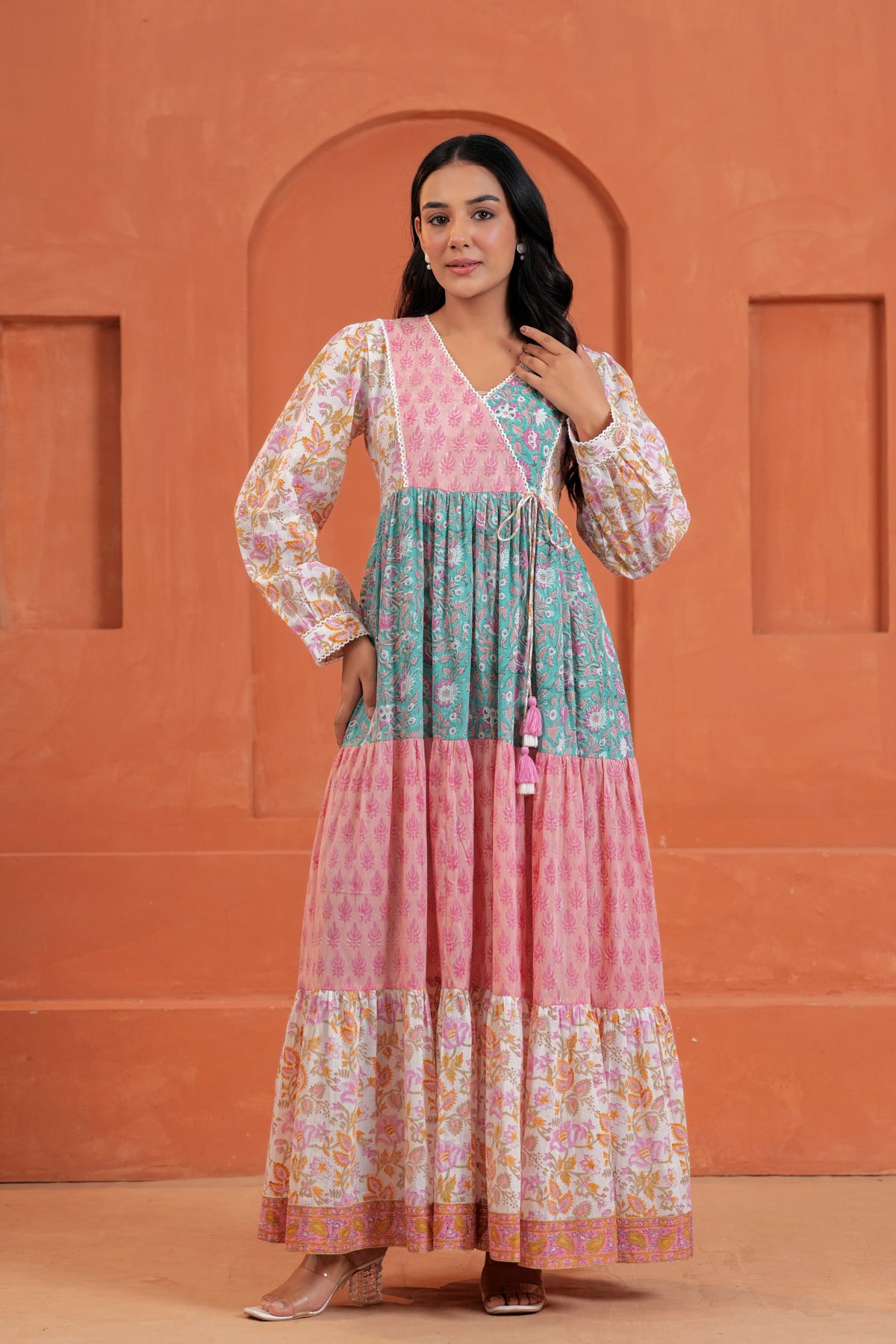 Aarvi Cotton Hand Block Print Patchwork Maxi Dress