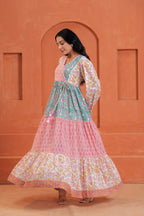Aarvi Cotton Hand Block Print Patchwork Maxi Dress