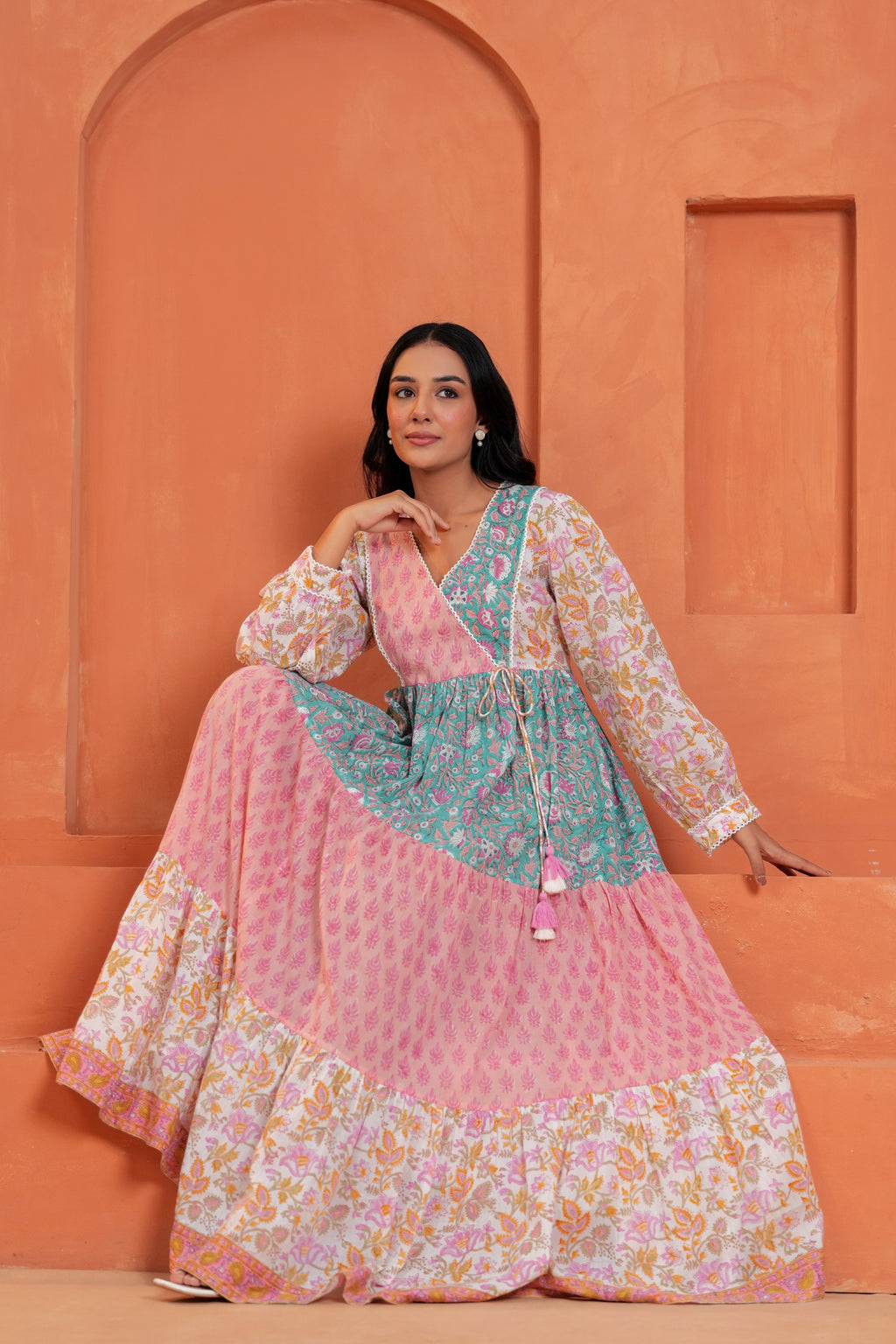 Aarvi Cotton Hand Block Print Patchwork Maxi Dress