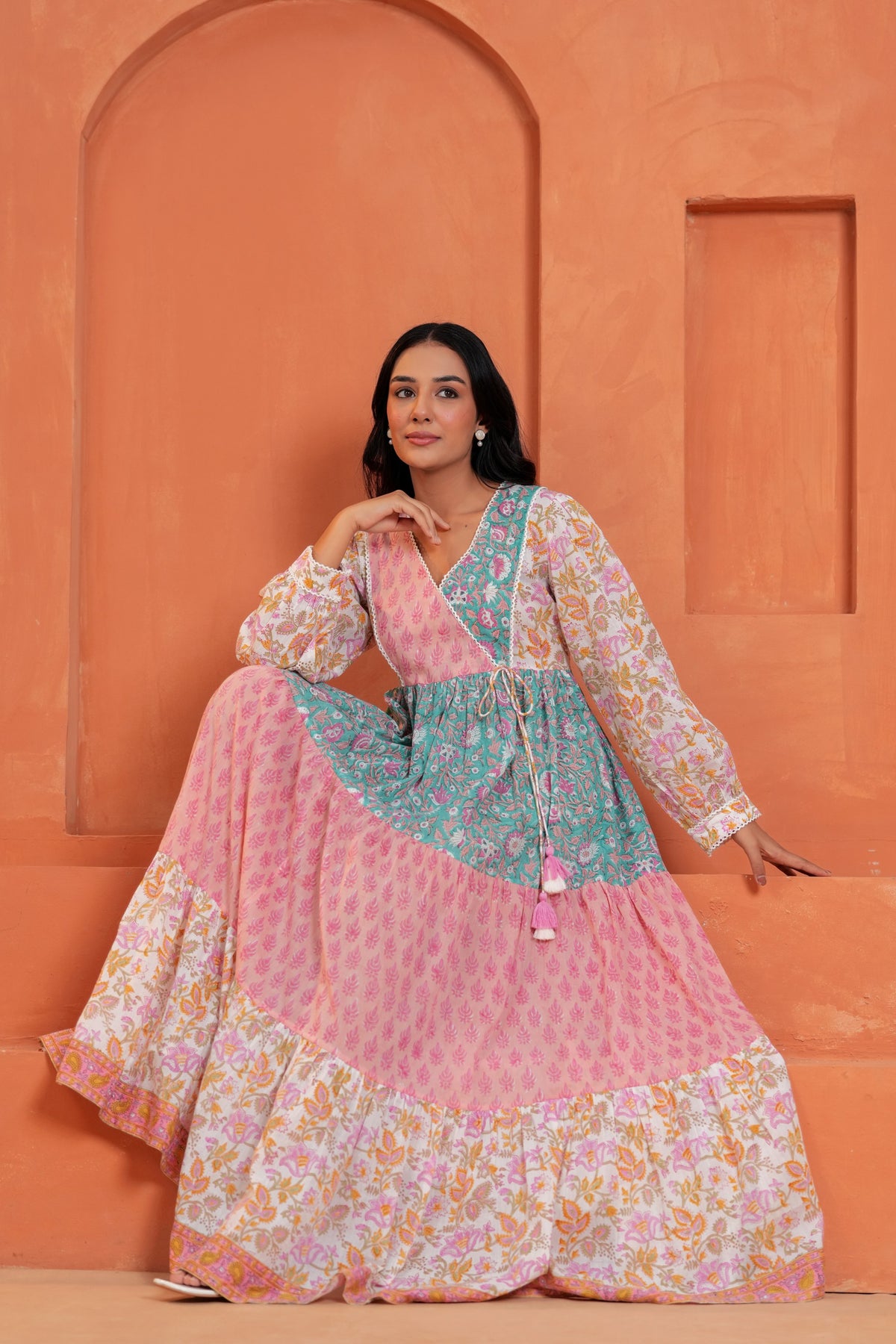 Aarvi Cotton Hand Block Print Patchwork Maxi Dress