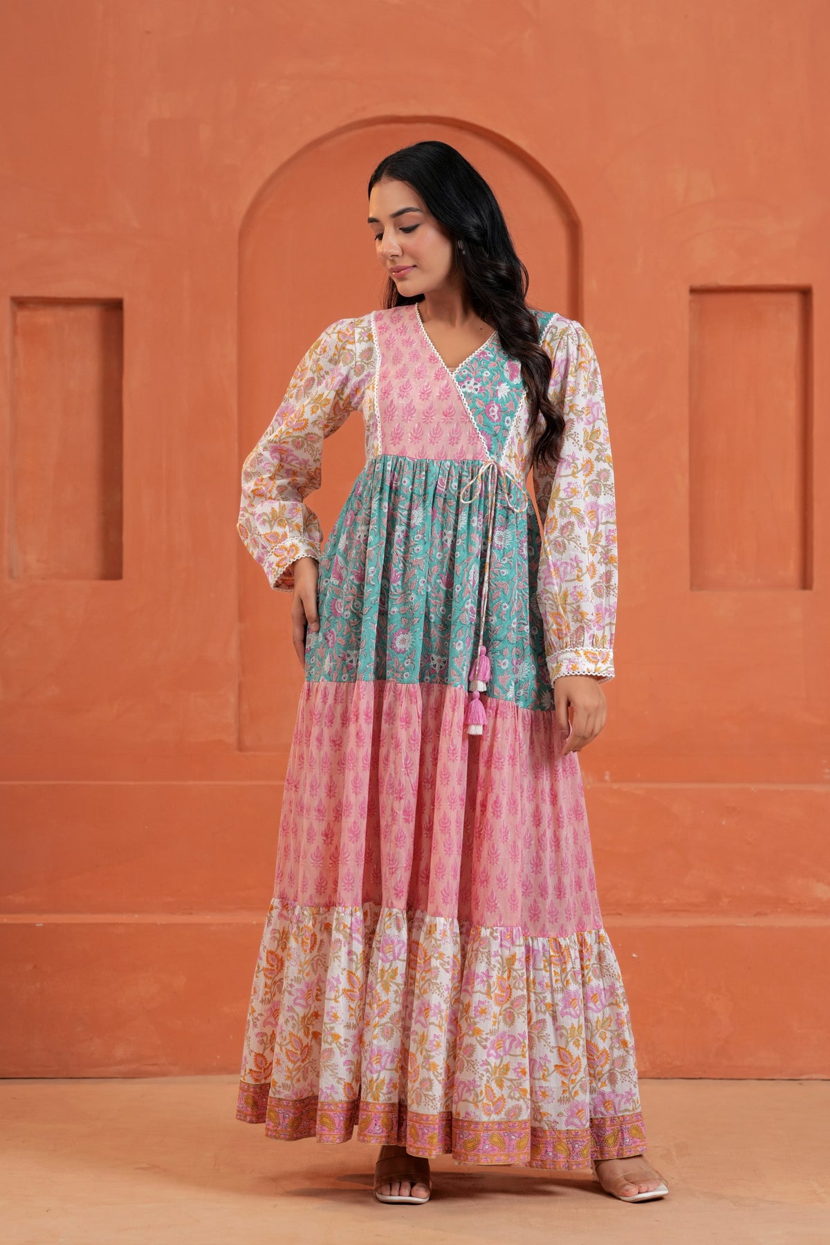 Aarvi Cotton Hand Block Print Patchwork Maxi Dress