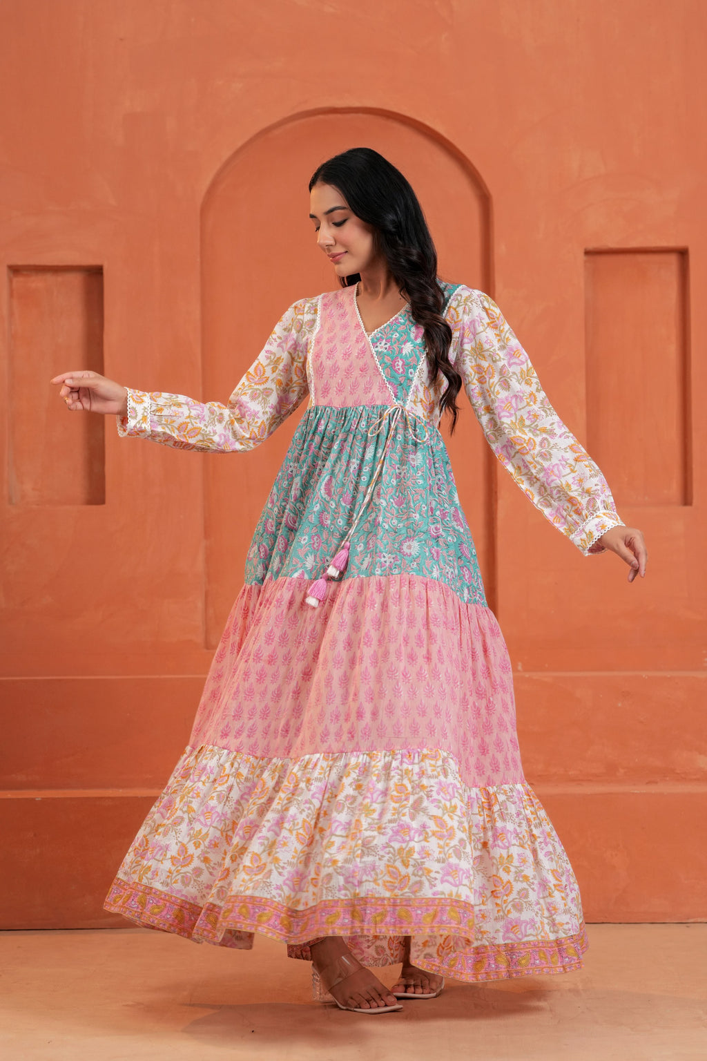 Aarvi Cotton Hand Block Print Patchwork Maxi Dress