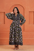 Sienna Cotton Floral Hand Block Print Button-Front Maxi Dress