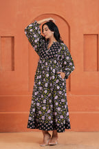 Sienna Cotton Floral Hand Block Print Button-Front Maxi Dress