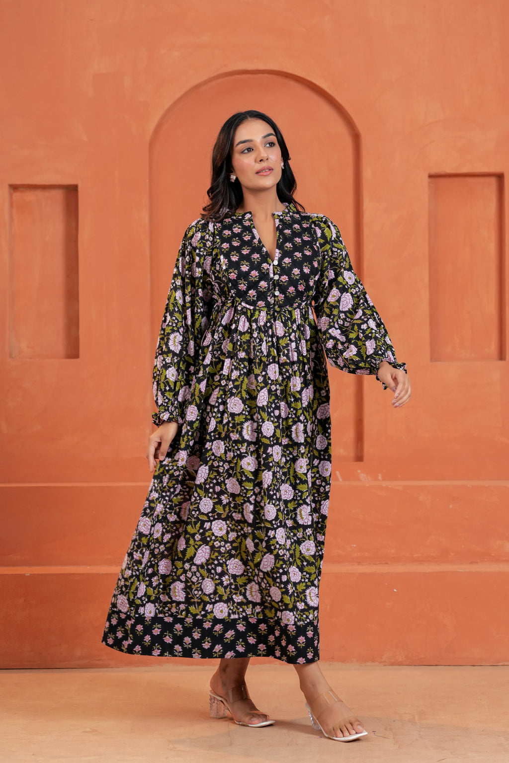 Sienna Cotton Floral Hand Block Print Button-Front Maxi Dress