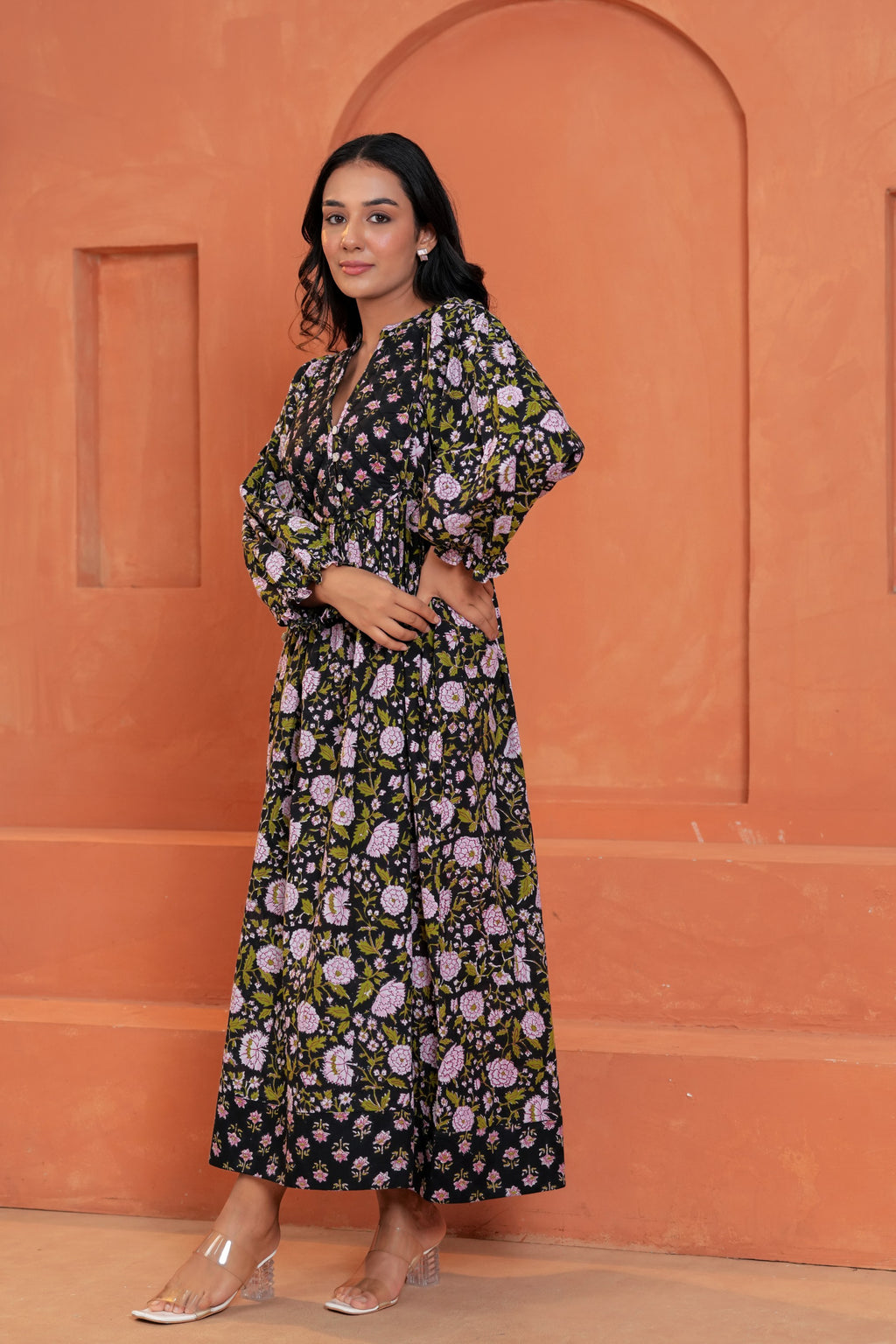 Sienna Cotton Floral Hand Block Print Button-Front Maxi Dress