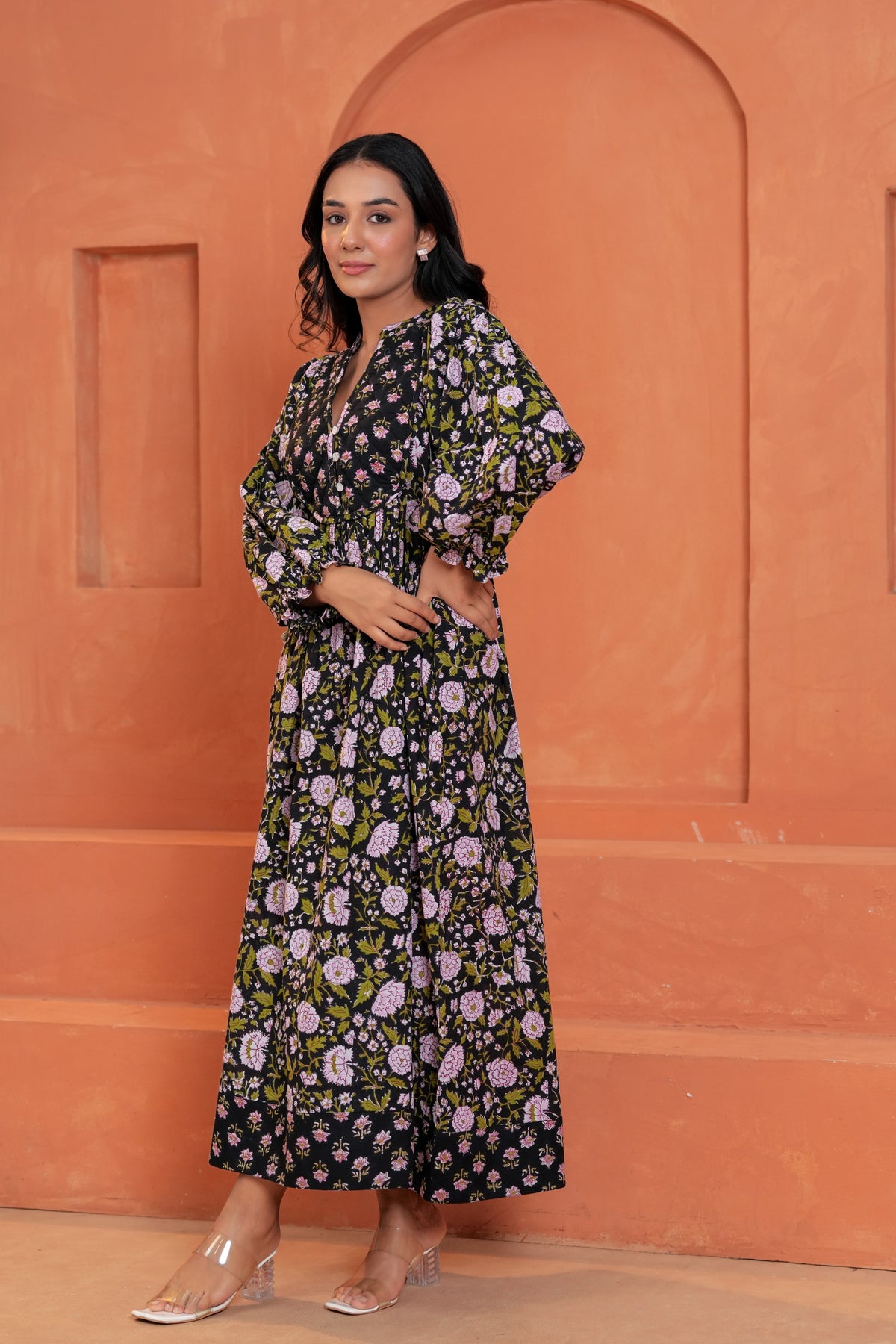 Sienna Cotton Floral Hand Block Print Button-Front Maxi Dress