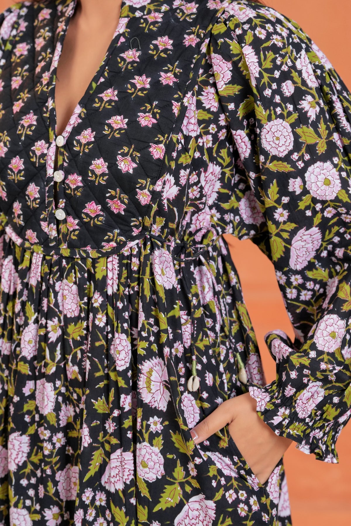 Sienna Cotton Floral Hand Block Print Button-Front Maxi Dress