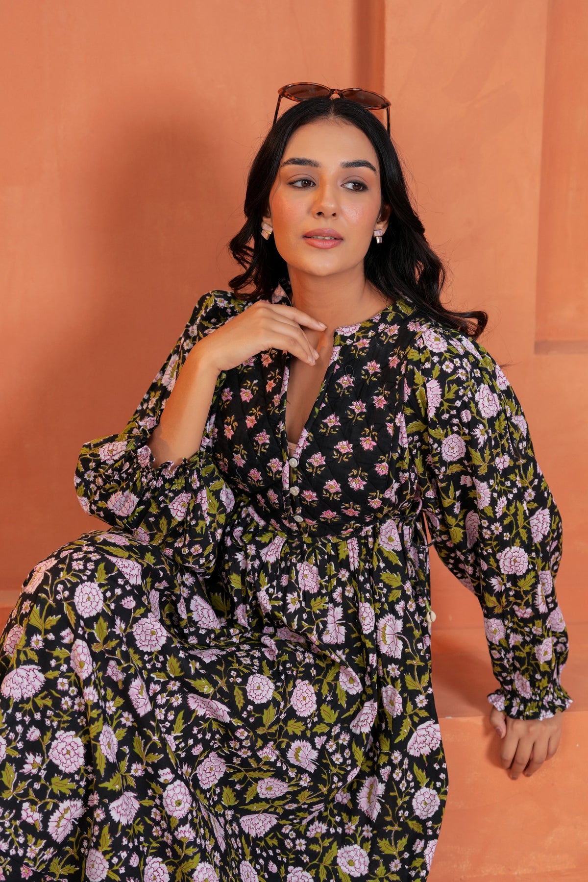 Sienna Cotton Floral Hand Block Print Button-Front Maxi Dress